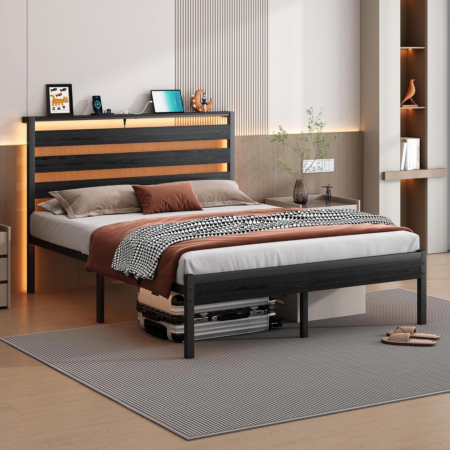 14 Inch Classic Metal Platform Bed Frame-Full Size Bed Frame with Headboard,Steel Slats Support-Led Bed Frame with USB Charging Station,Under Bed Storage,No Box Spring Needed,Noise Free