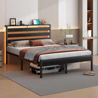14 Inch Classic Metal Platform Bed Frame-Full Size Bed Frame with Headboard,Steel Slats Support-Led Bed Frame with USB Charging Station,Under Bed Storage,No Box Spring Needed,Noise Free