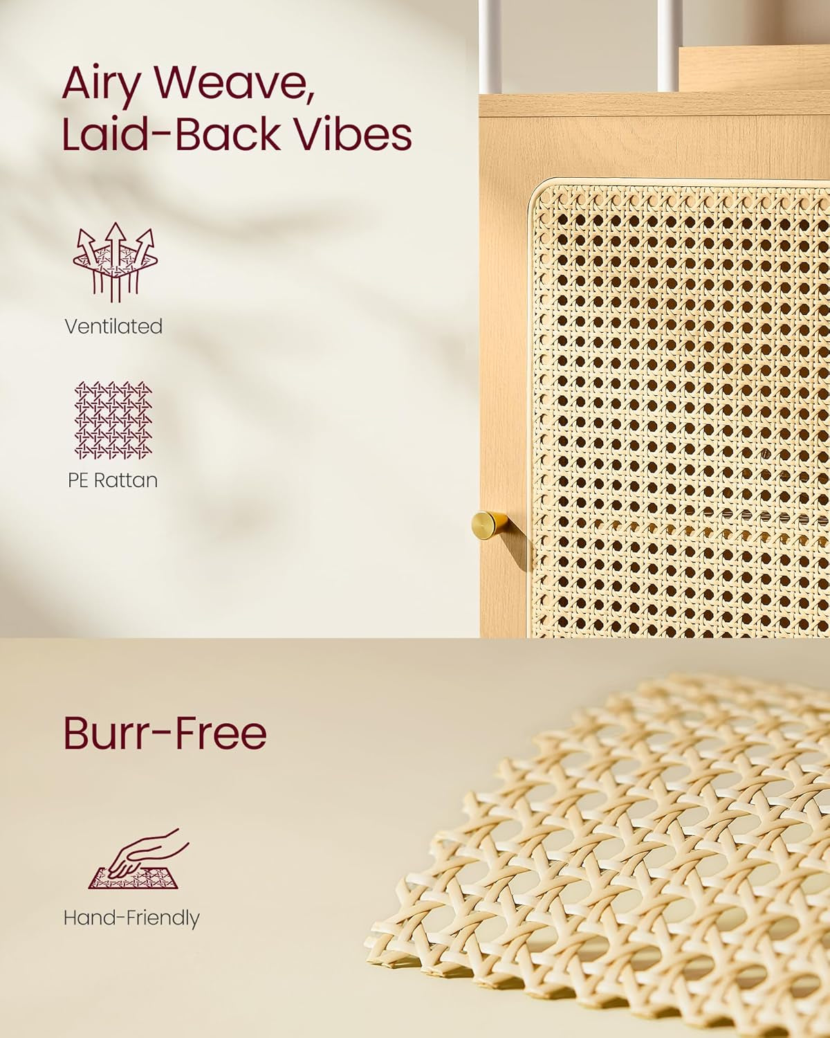 6-Tier Bookcase, Bookshelf with Rattan-Like Door, Boho Style, Freestanding 15.7-Inch Wide Storage Shelf, Metal Frame, Adjustable Shelf, for Living Room, Oak Beige and Pearl White ULLS122W57
