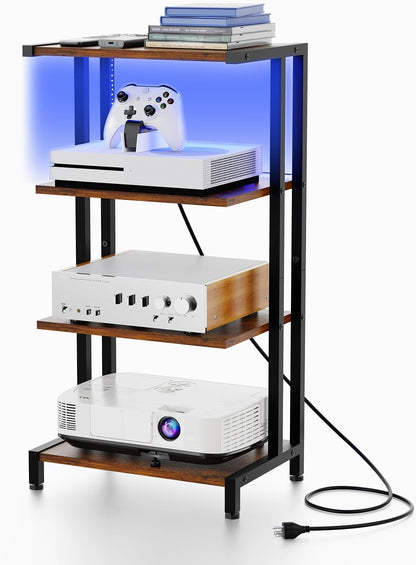 16.5" Small 4-Tier AV Media Stand with Power Strips,Narrow Version Wooden Corner TV Stand Shelf with LED Lights,Stereo Cabinet Audio Rack Stand Tower for Small Media Players and Boxes