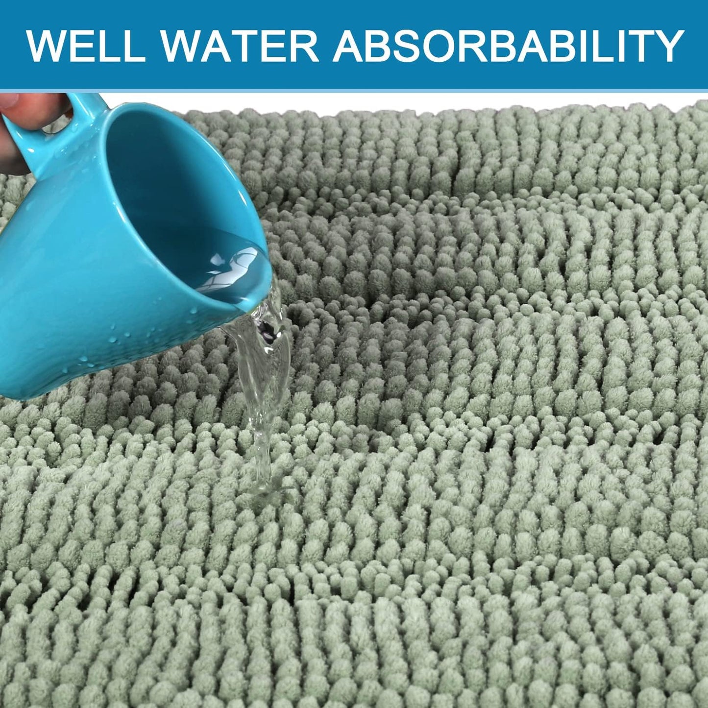 Sage Bathroom Rugs, Bath Mat Set of 2 Extra Thick Chenille Striped Pattern Shaggy Bath Rugs for Bath Room, Non Skid Bath Mats for Bathroom Floor (32 X 20 plus 24 X 17 - Inches)