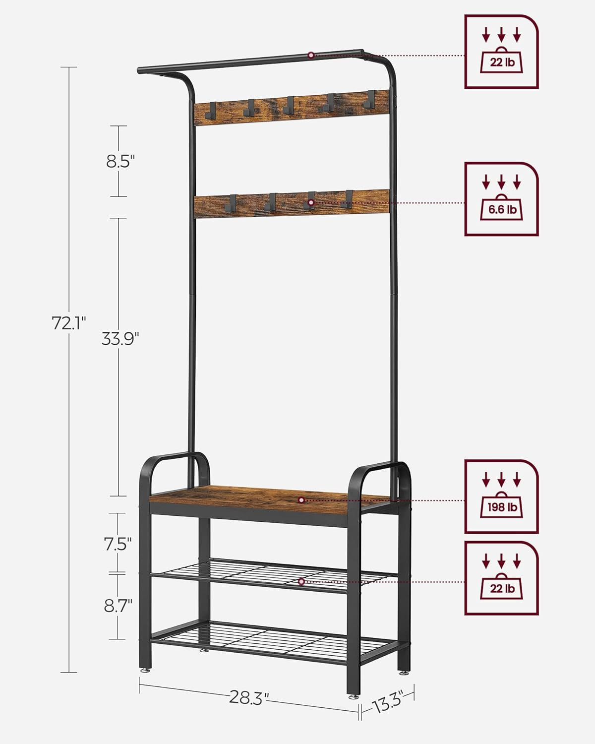 Coat Rack, Hall Tree with Shoe Bench for Entryway, Entryway Bench with Coat Rack, 4-In-1, with 9 Removable Hooks, a Hanging Rod, 13.3 X 28.3 X 72.1 Inches, Greige and Black UHSR40MB