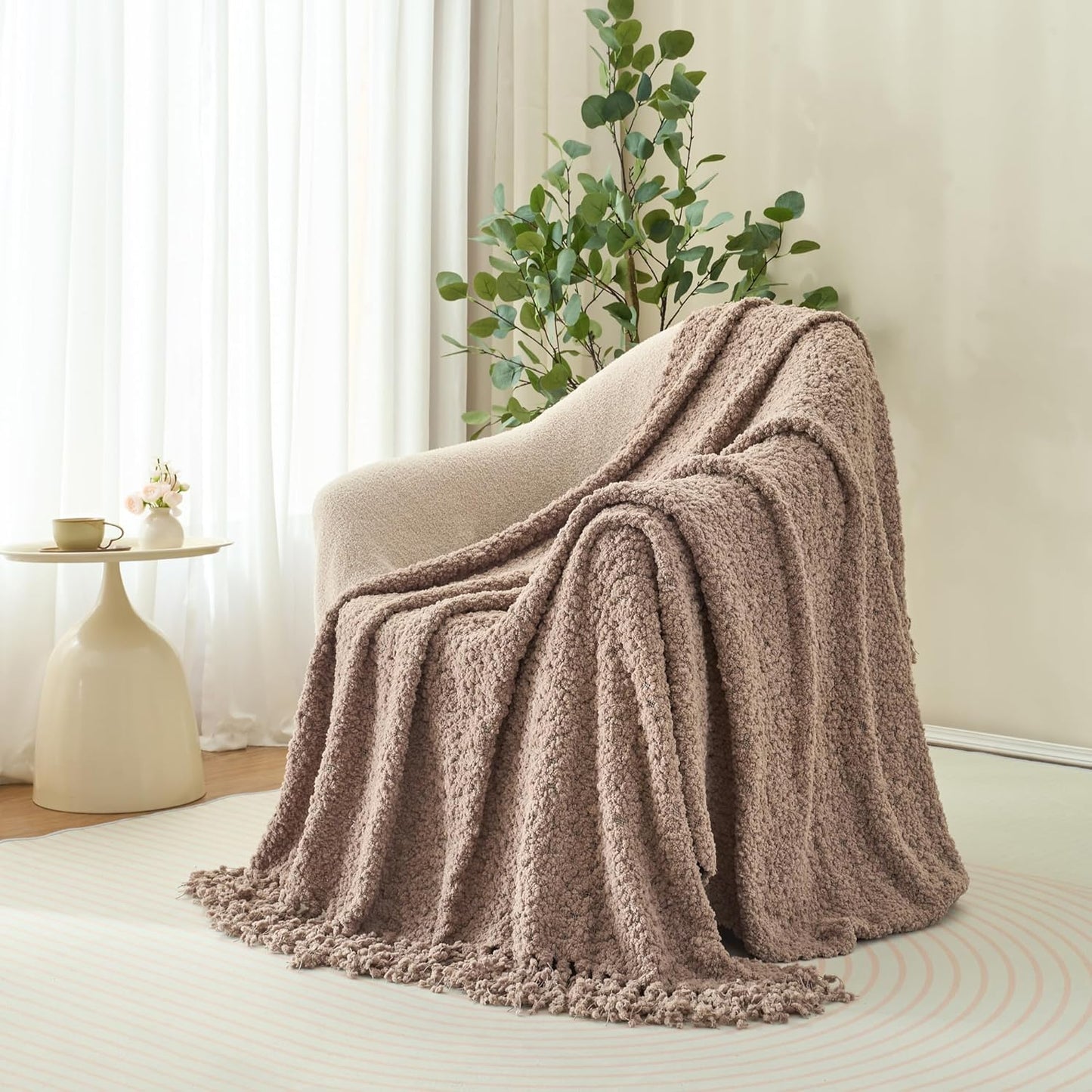 Throw Blanket for Couch, Taupe Tan Luxury Knitted Throws 50"X60", Textured Blankets with Handmade Fringe Tassels for Bed Sofa Decorative, Chunky Soft Farmhouse Boho Home Decor