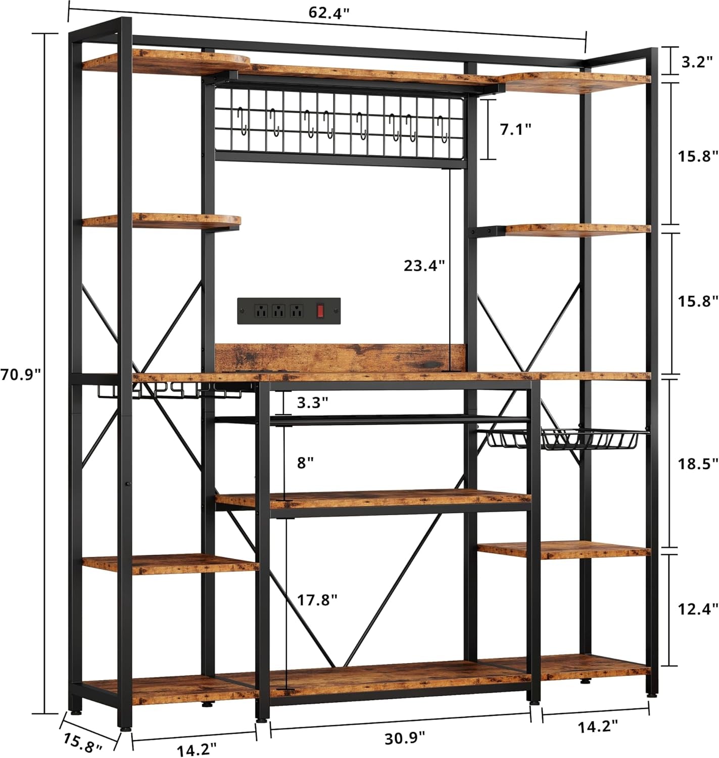 Large Bakers Rack with Power Outlet, 62 Inch Wide Microwave Stand, Coffee Bar with Storage, Kitchen Racks and Shelves, Vintage Brown