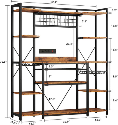 Large Bakers Rack with Power Outlet, 62 Inch Wide Microwave Stand, Coffee Bar with Storage, Kitchen Racks and Shelves, Vintage Brown