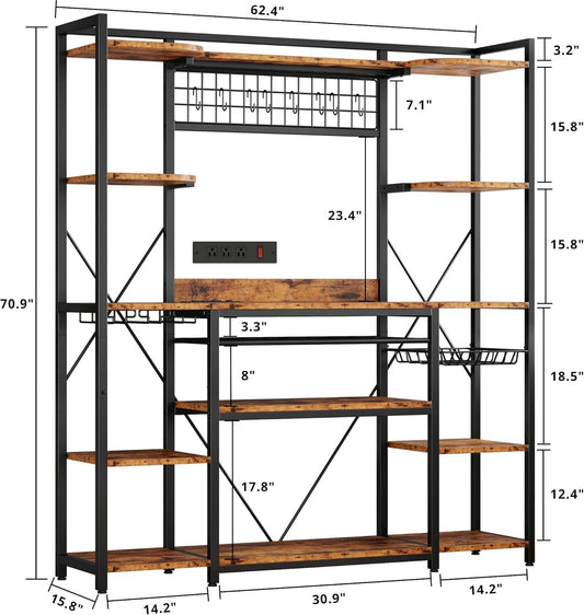 Large Bakers Rack with Power Outlet, 62 Inch Wide Microwave Stand, Coffee Bar with Storage, Kitchen Racks and Shelves, Vintage Brown