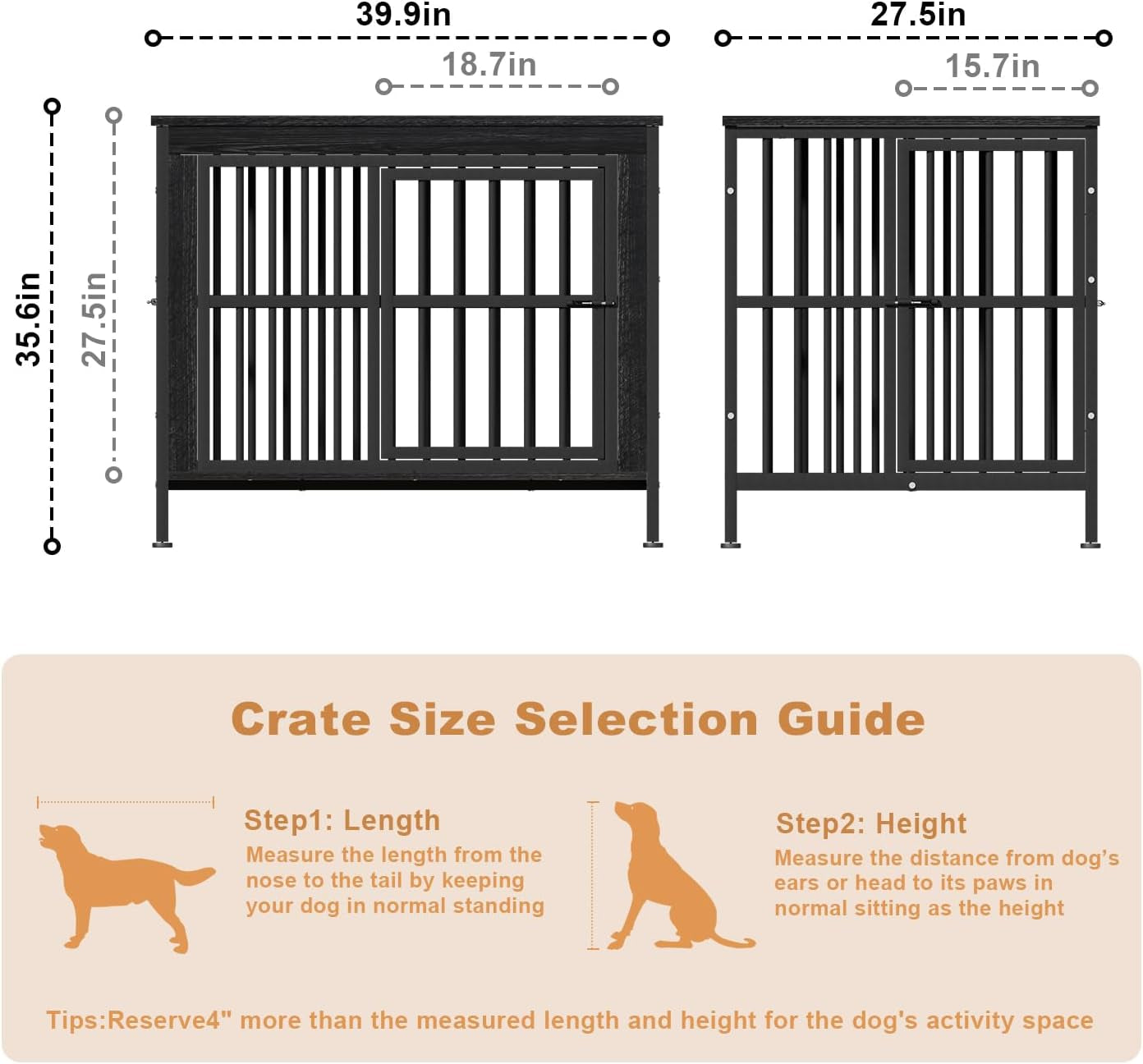 40" Dog Crate Furniture with Front Door & Storage Tabletop, Dog Kennel Side Table for Living Room, Industrial Pet Cage with 4.7" Raised Feet, Decorative Dog Kennel End Table, XL Crate, Black
