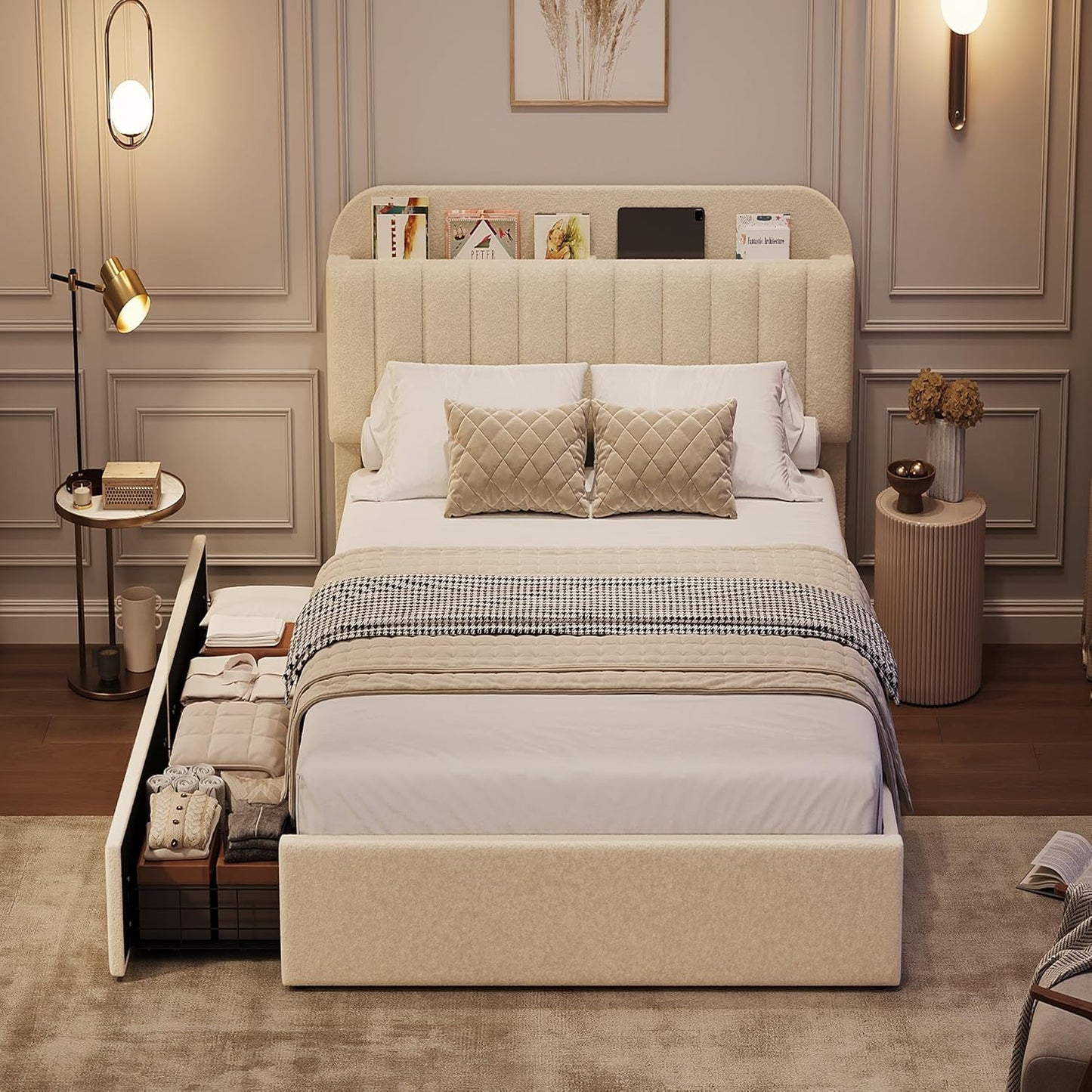 Twin Bed Frame with Storage Headboard, Kids Bed Frame with 2 Drawers, Boucle Upholstered Platform Bed with Bookcase, No Box Spring Needed, Easy Assembly, Ivory White