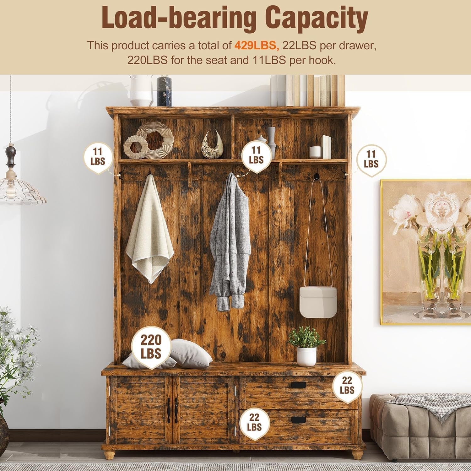 Modern Hall Tree with Storage Bench, Entryway Coat Rack with 5 Hooks & 2 Large Drawers, Rustic Brown Shoe Cabinet for Mudroom, Living Room, Bedroom, Sturdy Wooden Organizer for Jackets, Shoes, Hats