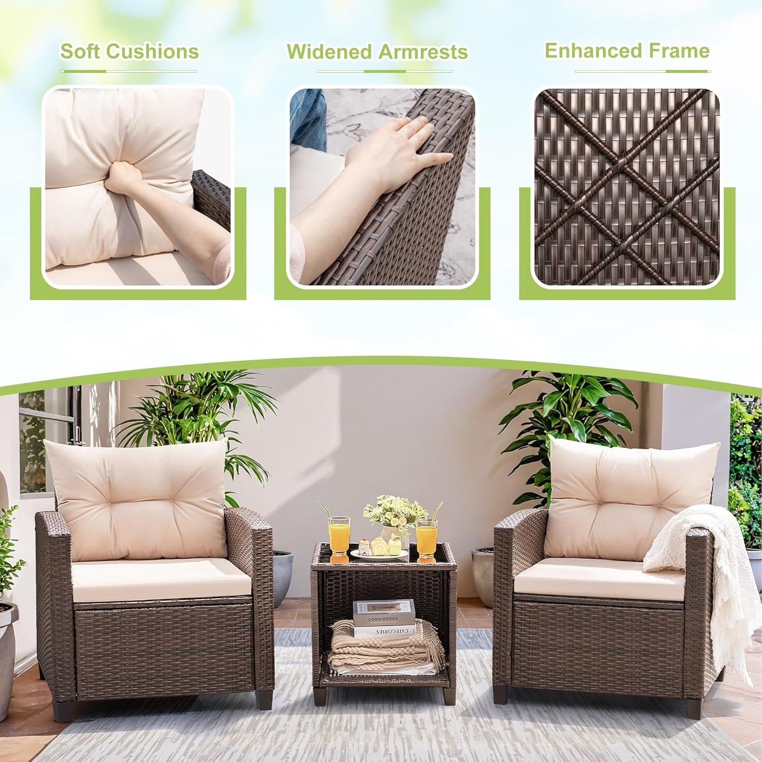 3 Pieces Patio Furniture Set, PE Rattan Wicker Patio Set with Two Outdoor Chairs and Table, Upgraded Patio Chairs and Table for Porch, Garden Poolside Balcony