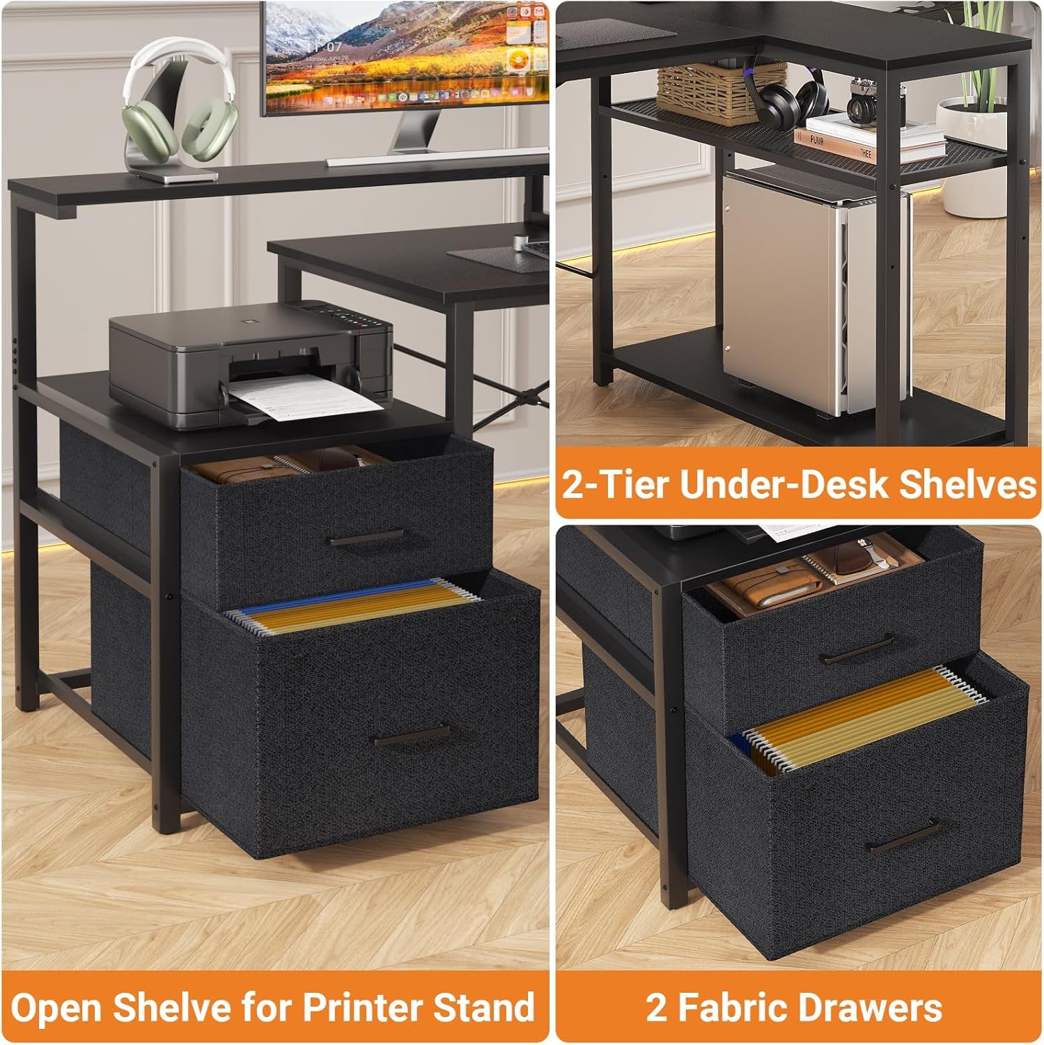 L Shaped Desk with File Drawer, Reversible L Shaped Computer Desk Gaming Desk with Power Outlet & LED Strip, Home Office Desk with Monitor Shelf, Corner Desk with Storage Shelves, Black