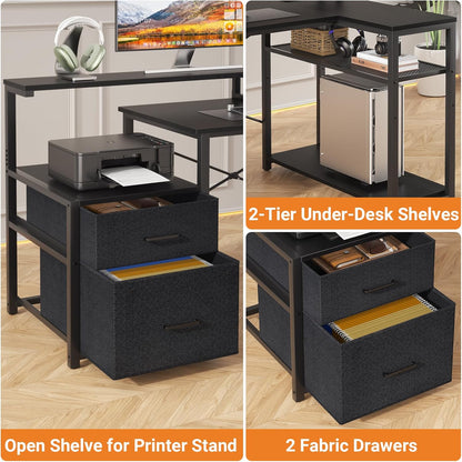 L Shaped Desk with File Drawer, Reversible L Shaped Computer Desk Gaming Desk with Power Outlet & LED Strip, Home Office Desk with Monitor Shelf, Corner Desk with Storage Shelves, Black