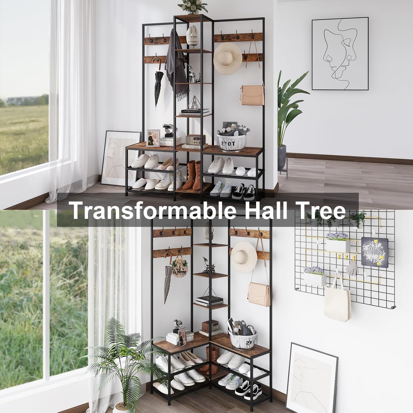Corner Hall Tree with Shoe Rack Storage Bench Display Open Shelves Modern Industrial Entryway Coat Rack Stand for Home Living Room Mudroom Bedroom Multifunctional 5 in 1 (Rustic Brown)