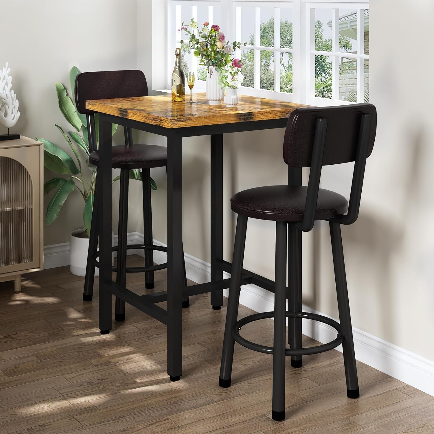 3 Piece Pub Dining Set, Modern Bar Table and Stools for 2 Kitchen Counter Height Wood Top Bistro Easy Assemble for Breakfast Nook Living Room Small Space Restaurant, Rustic Brown 24”