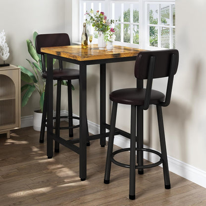 3 Piece Pub Dining Set, Modern Bar Table and Stools for 2 Kitchen Counter Height Wood Top Bistro Easy Assemble for Breakfast Nook Living Room Small Space Restaurant, Rustic Brown 24”