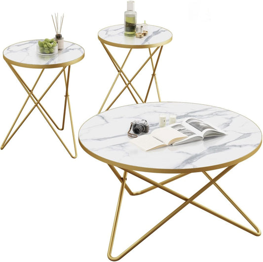 Modern round Coffee Table and Side Table Set of 3,End Table with Faux Marble Top and Gold Metal Frame, Side Table for Living Room, Bedroom, Sofa and Couch, Gold Legs, White Marble Top