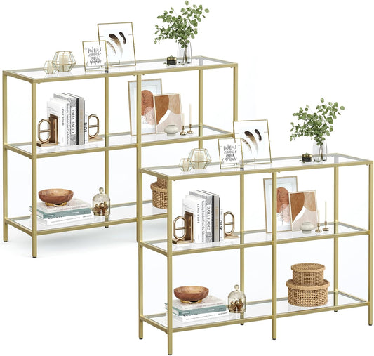 39.4 Inch Console Table with 3 Shelves, Set of 2 Sofa Tables, Modern Entryway Table, Metal Frame, Tempered Glass Shelf, Entryway Living Room Bedroom, Metallic Gold and Transparent ULGT999G01