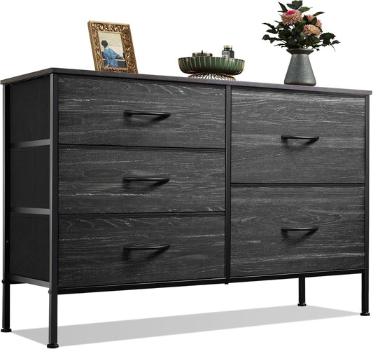 Dresser for Bedroom with 5 Drawers, Wide Dressers with Drawer Organizers, Chest of Drawers, Fabric Dresser for Living Room, Closet, Hallway, Charcoal Black Wood Grain Print