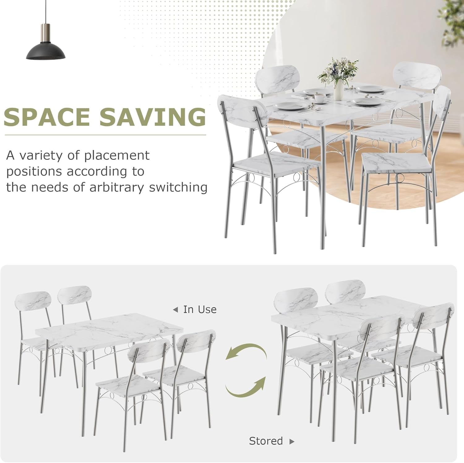 Dining Table Set for 4, 5-Piece Kitchen Table with 4 Chairs, MDF Board Tabletop with Metal Frame for Small Space, Compact Dinette, Breakfast Nook, White