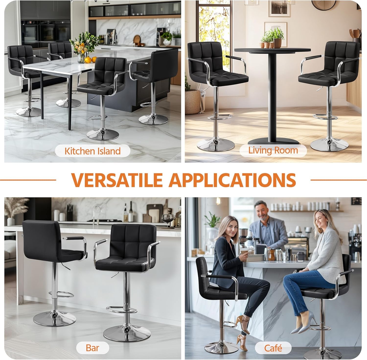 Bar Stools Set of 2, PU Leather Adjustable Swivel Barstools, Hydraulic Kitchen Counter Height Bar Chairs with Armrest and Back for Kitchen, Dining Room, Black