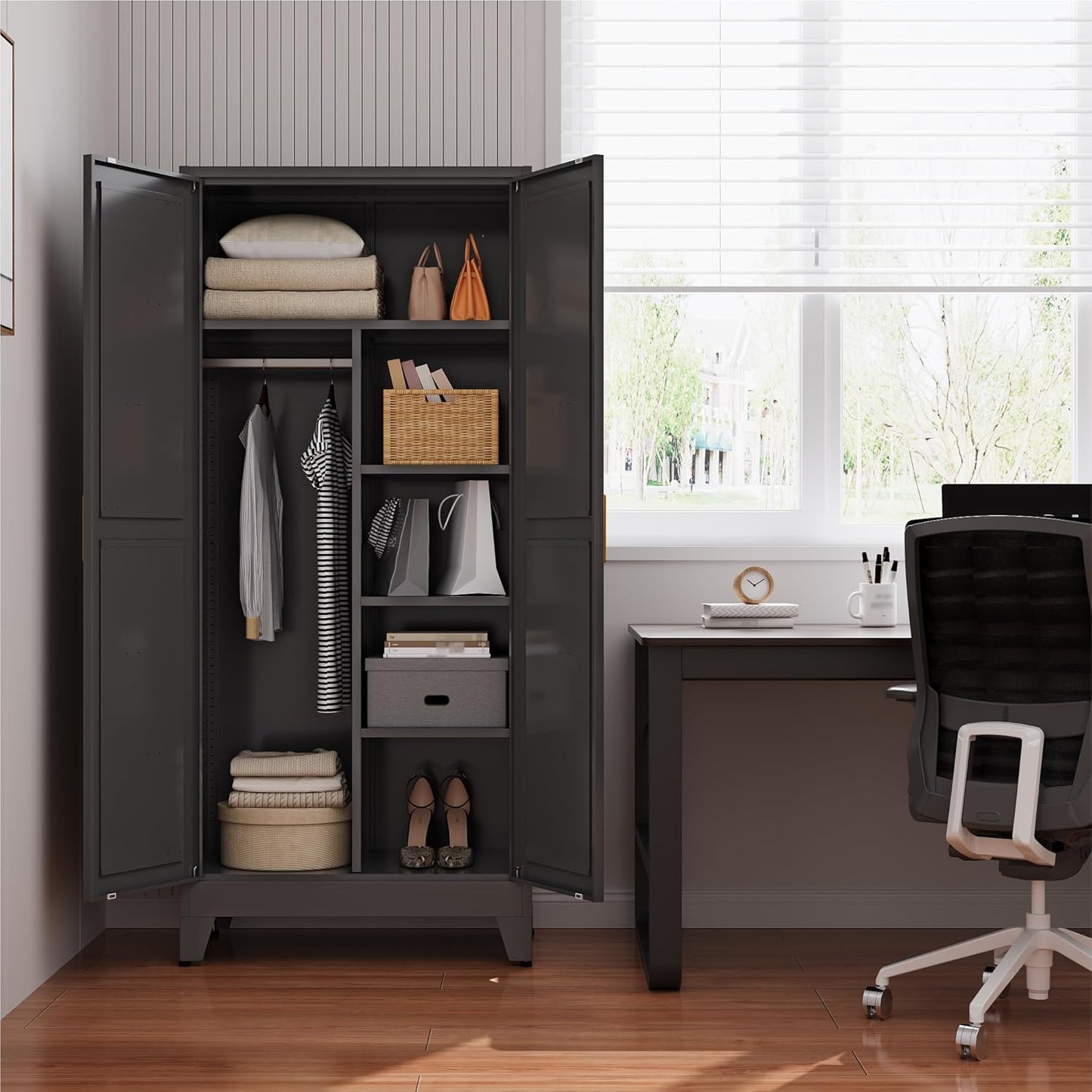 Metal Armoire Wardrobe Closet with Hanging Rod,71'' Metal Wardrobe Cabinet with 2 Doors and 4 Adjustable Shelves, Bedroom Armoires,Laundry Room Cabinets,Armario De Ropa Closet