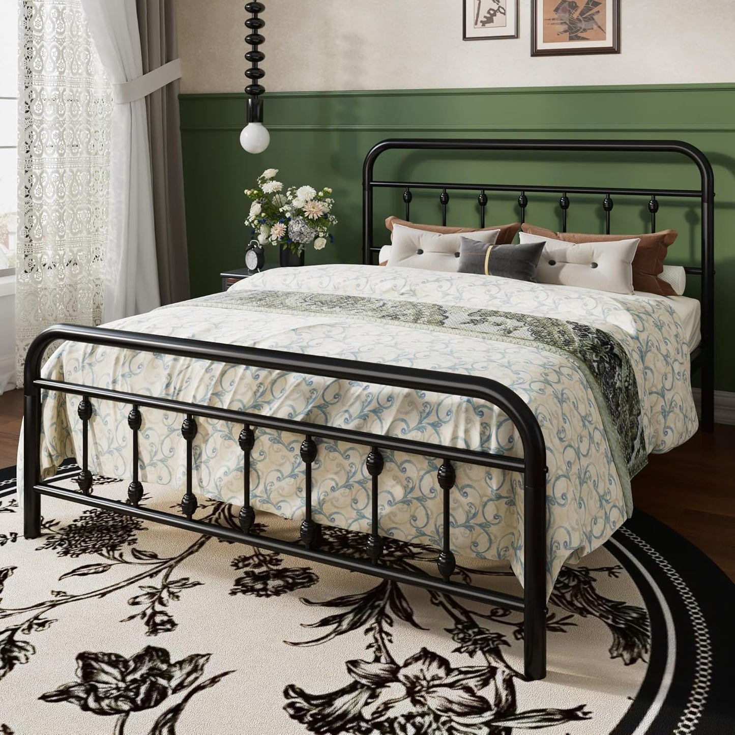 Queen Size Metal Platform Bed Frame with Victorian Style Iron-Art Headboard and Footboard, Easy Assembly, under Bed Storage, No Box Spring Required, Black