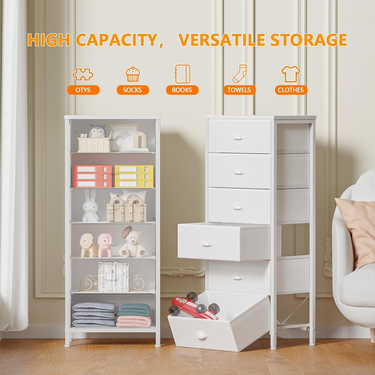 White Tall Dresser for Bedroom,Vertical Storage Tower Unit and End Table with 6 Fabric Drawers, Nightstand Furniture with Drawer Organizer in Living Room,Closet,Entryway,Hallyway