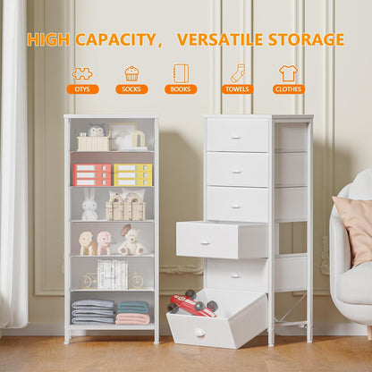 White Tall Dresser for Bedroom,Vertical Storage Tower Unit and End Table with 6 Fabric Drawers, Nightstand Furniture with Drawer Organizer in Living Room,Closet,Entryway,Hallyway