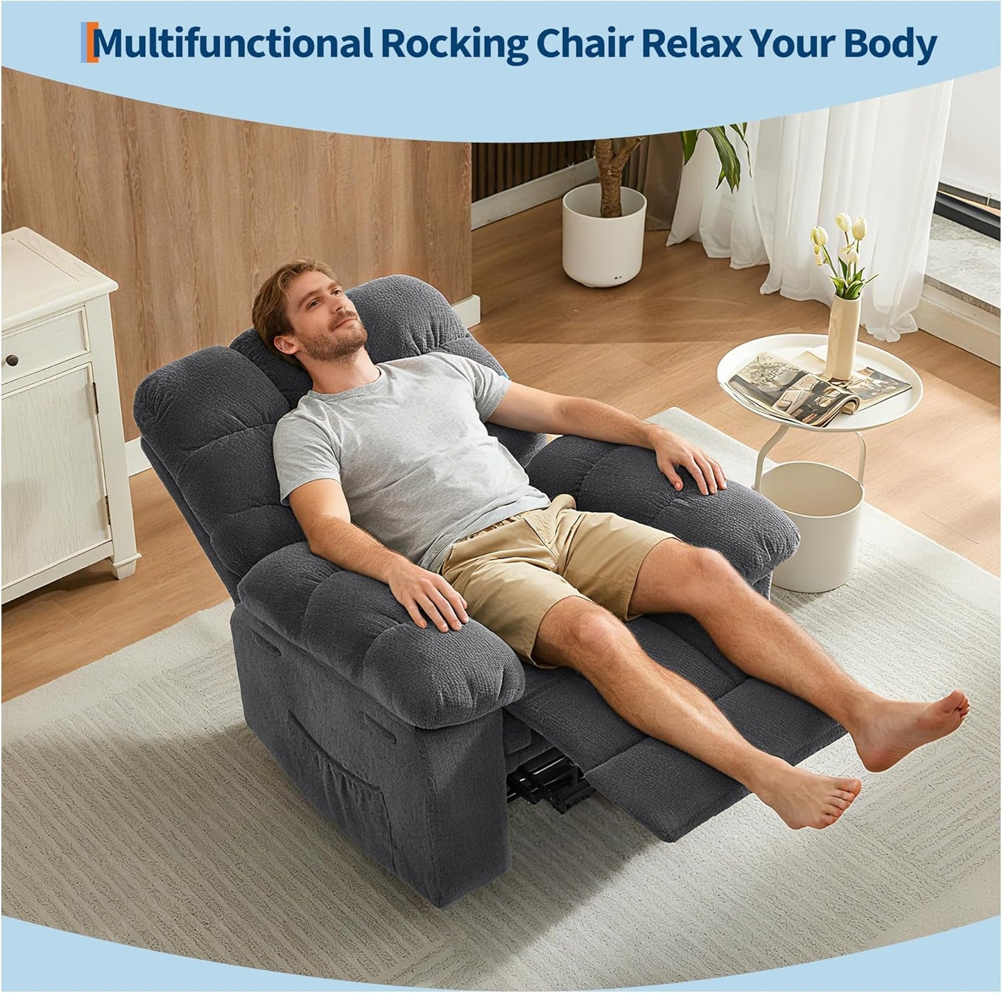 Rocking Recliner Chair,360° Swivel Rocker Chair for Living Room,Upholstered Fabric Glider Nursery Chair with Side Pockets for Small Spaces,Q235 Steel Frame Lazy Boy Recliner Single Sofa