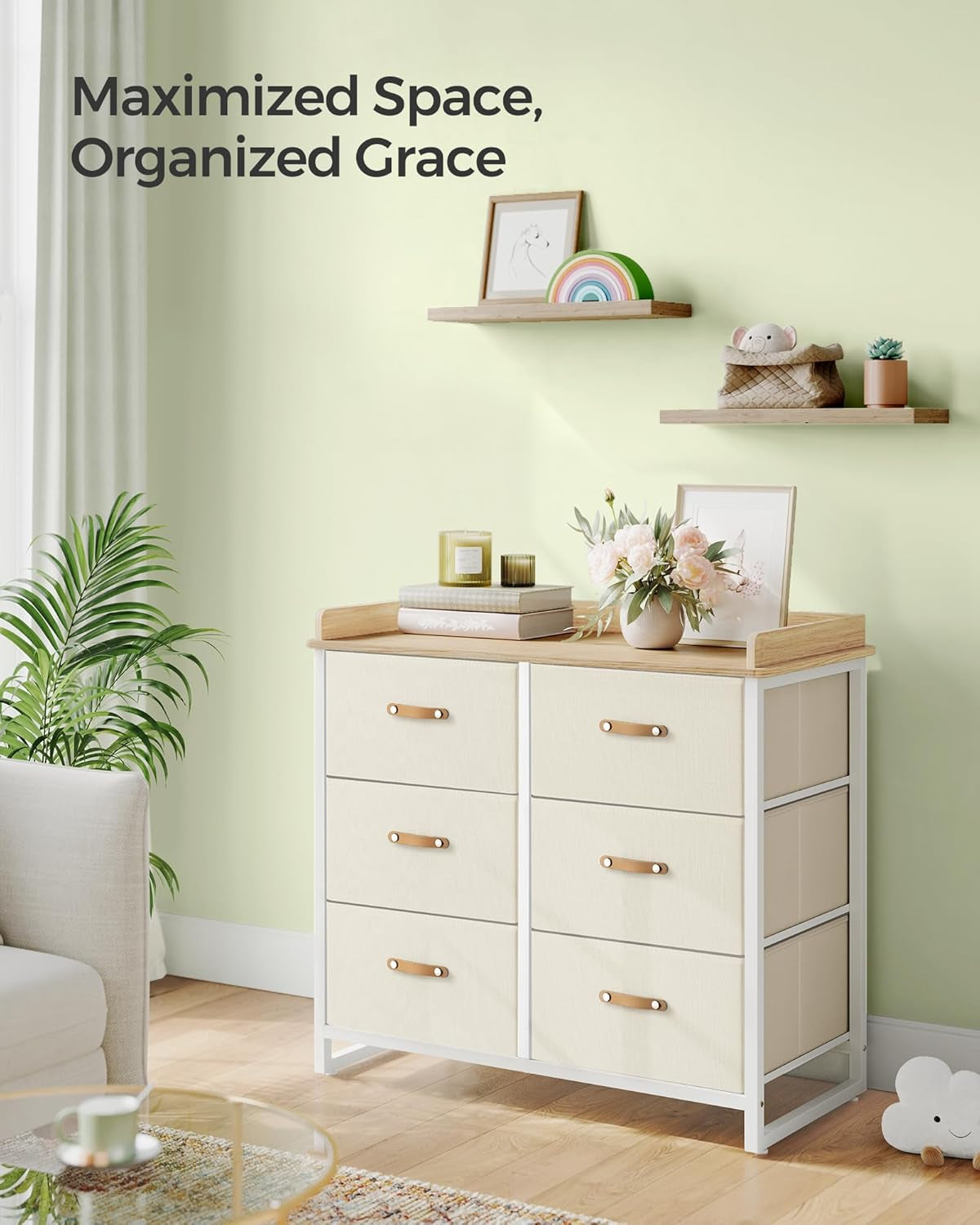 Kids Dresser with 6 Drawers, Boys Girls Dresser, with Water-Resistant Tabletop, Storage Organizer Cabinet, for Bedroom Hallway, Beige UGKR101K01