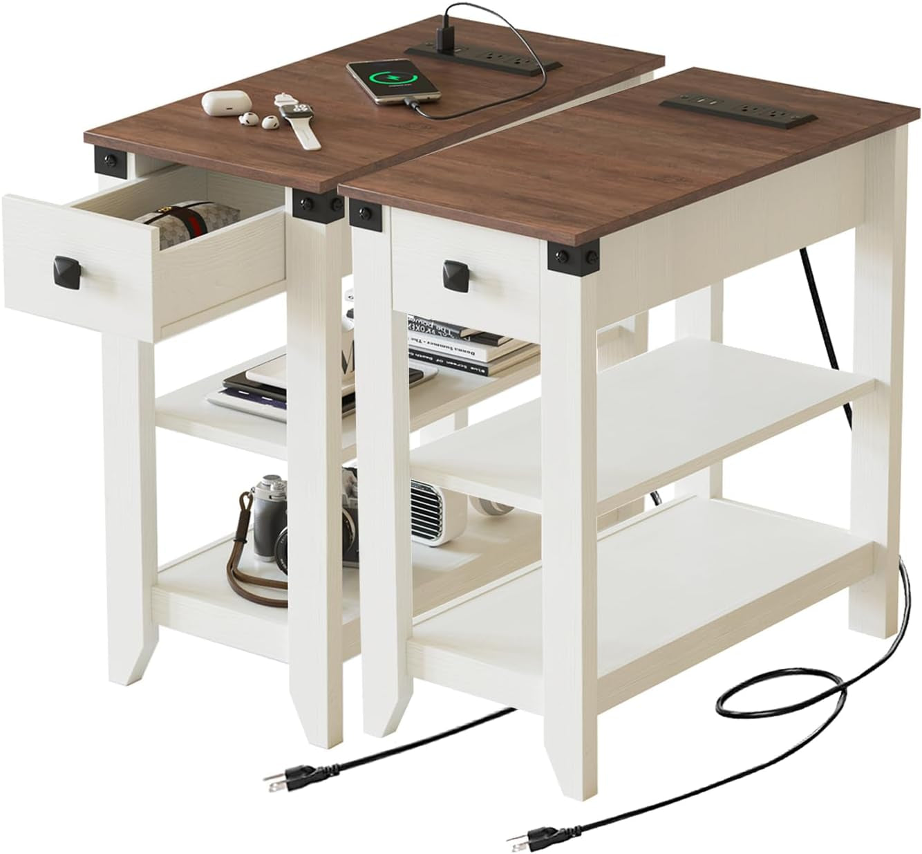 End Tables Living Room Set of 2, Narrow Side Table with Charging Station, Small Bedside Table for Small Space, Skinny Nightstand with Storage Drawer, White