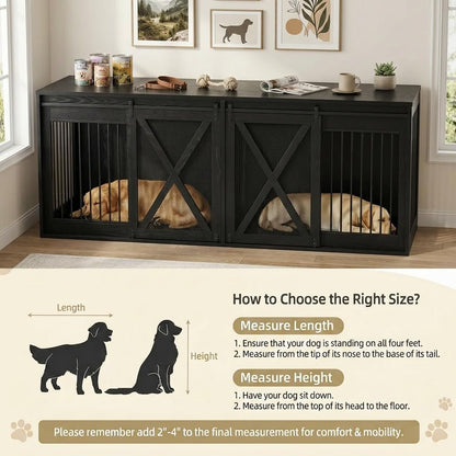 94 Inch Double Dog Crate Furniture for 2 Large Dogs, Dog Kennel TV Stand Large Breed, Farmhouse Dog Cage Furniture with Center Divider, XXXL Dual Dog Crate Entertainment Center, Black