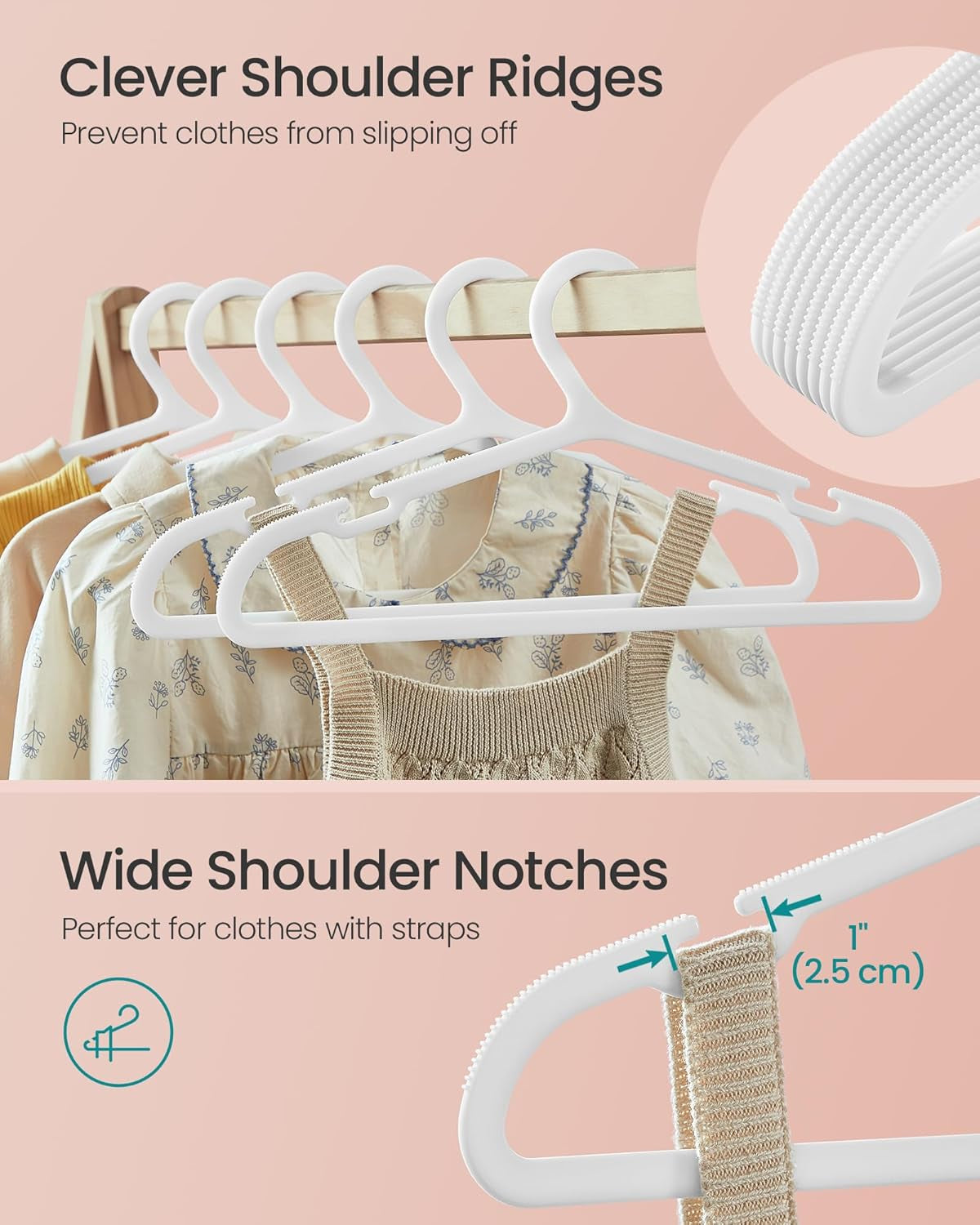 Kids Hangers 100 Pack, Plastic Baby Hangers for Closet, 14 X 7 Inches, for Children Aged 7-12 Years, Space-Saving, Non-Slip, Cloud White UCRP190W01
