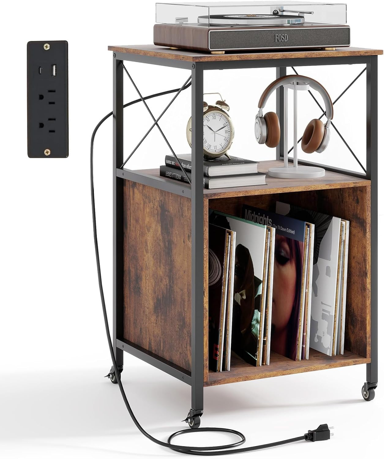 Record Player Stand with Charging Station, Rolling 3-Tier Turntable Stand with Open Shelf & Dividers, Record Player Table with Metal Frame, Vinyl Record Storage on Wheels for Living Room