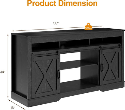 Farmhouse TV Stand for 65+ Inch TV, Tall Entertainment Center with Storage Cabinets and Sliding Barn Doors, Mid Century Modern Media TV Console Table for Living Room (Black)