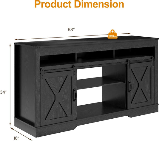 Farmhouse TV Stand for 65+ Inch TV, Tall Entertainment Center with Storage Cabinets and Sliding Barn Doors, Mid Century Modern Media TV Console Table for Living Room (Black)