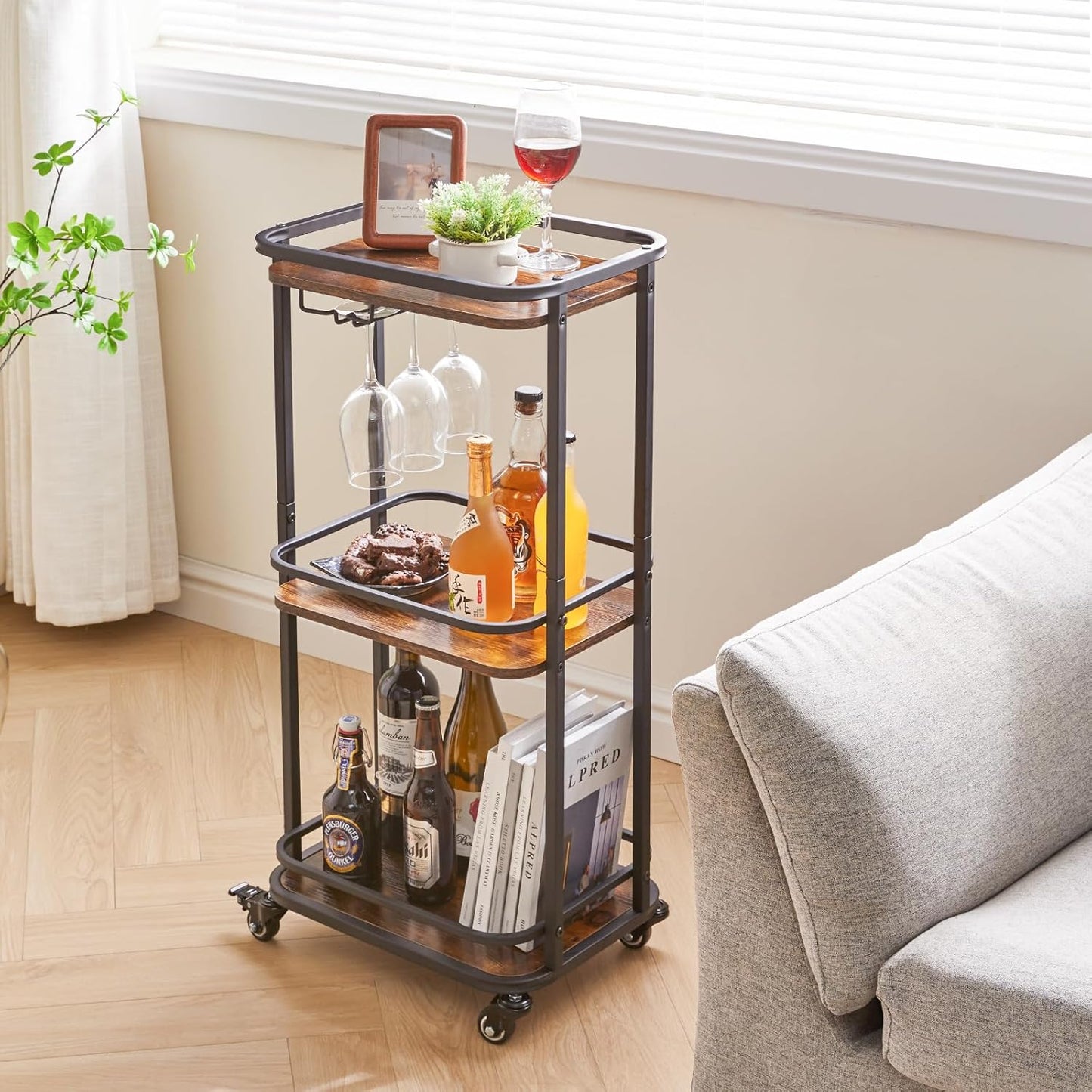 3-Tier Home Bar Serving Cart,Kitchen Storage Carts with Wheels,11.79X15.72X33.01 Inches,Rolling Mini Bar Cart for Home, Outdoor, Kitchen, Bedroom TMJ319H
