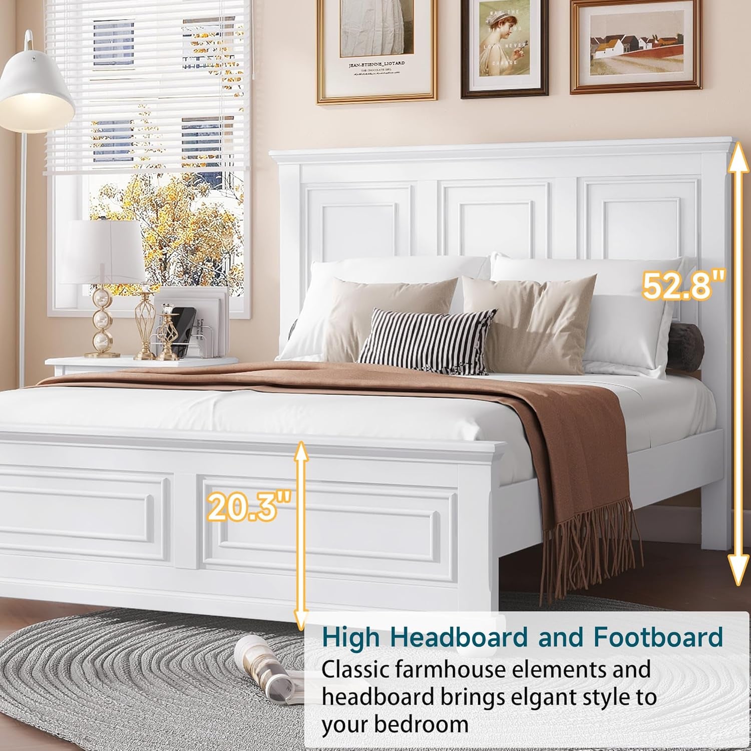 Farmhouse Queen Size Bed Frame with 52" Tall Headboard, Wood Platform Bed Frame with Footboard, Mid-Centery Queen Beds with Slats Support, No Box Spring Needed, White