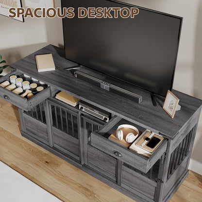 72" Double Dog Crate Furniture with Storage for 2 Medium Large Dogs Farmhouse Wooden Dog Kennel Furniture with 2 Sliding Doors Divider & Power Outlet Decorative Dog Cage TV Stand Grey