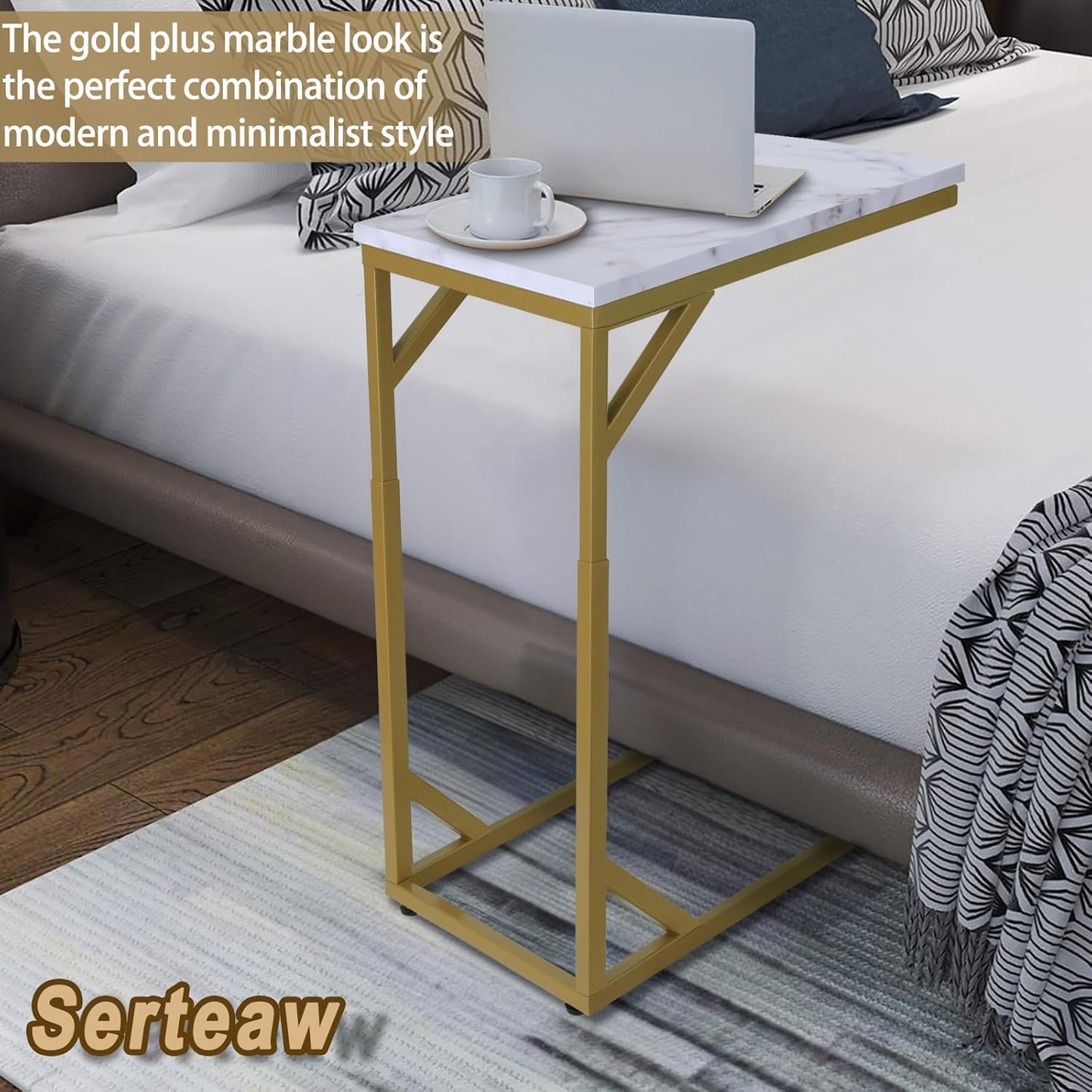 C-Shaped End Table, Sturdy Side Table for Couch Sofa Bedside Small Space,C Snack Table TV Tray Record Player Stand Small Tables for Living Room Bedroom,Easy to Assemble,Gold