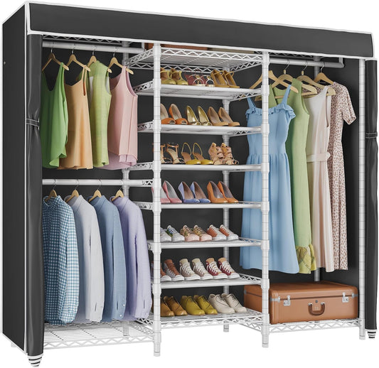 S3C Heavy Duty Portable Closet, Adjustable Shoe Rack Wire Shelf, Large Wardrobe Organizer for Bedroom Storage, Freestanding Clothes Rack, Custom White Rack with Black Cover