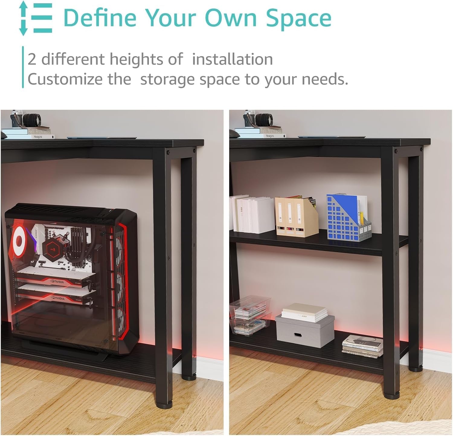 Black L Shaped Desk with Led Lights and Power Outlets, 47 Inch Writing Study Computer Gaming Desks with Fabric Drawers for Bedroom, Home Office Corner Desk with Monitor Stand Shelves, Black