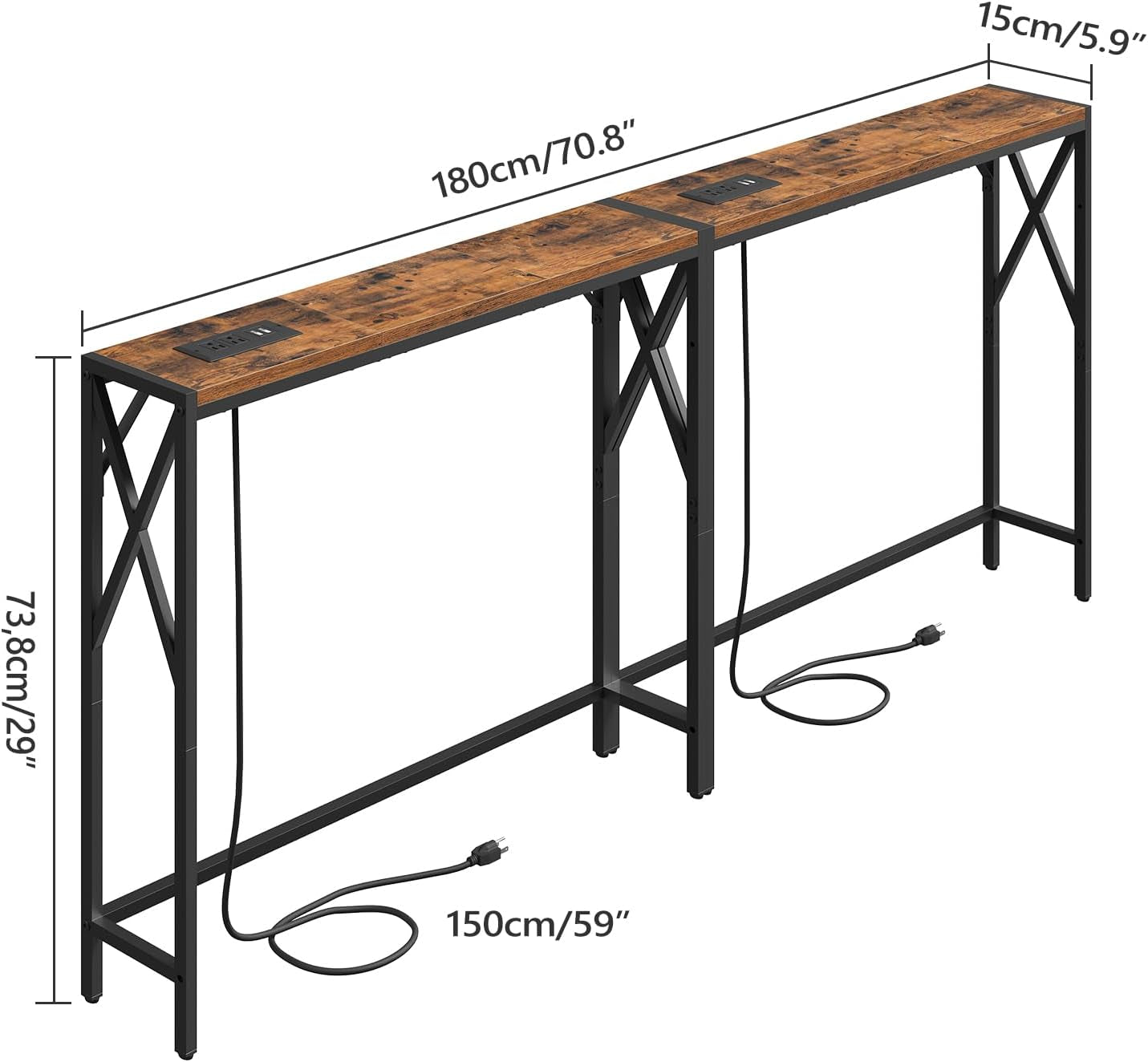 70.8'' Narrow Sofa Table with Charging Station, 2 Pack Skinny Console Table, Long Entryway Hallway Couch Table with Power Outlets, Rustic Brown CTHR152E01S2