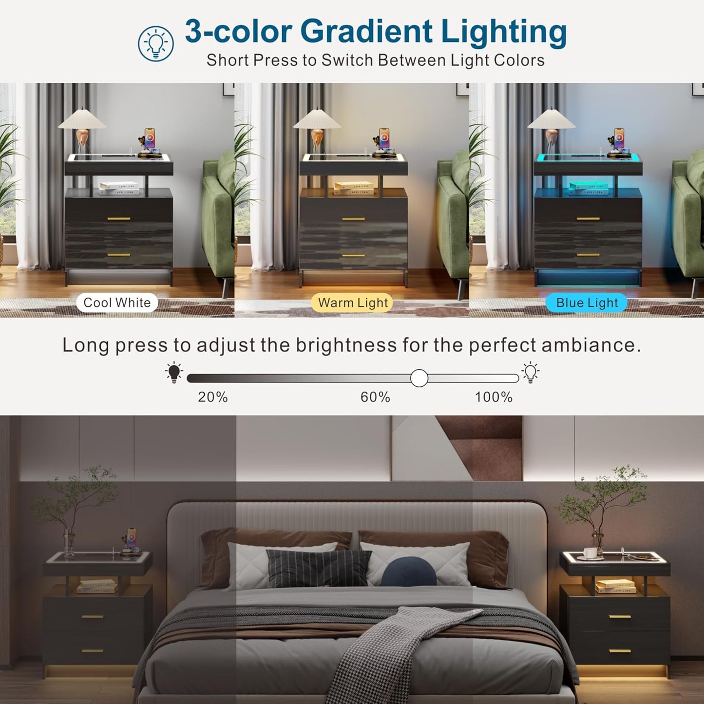 LED Nightstand with Wireless Charging Station - Modern Night Stand with Lights, Glass Top Bedside Table with Drawers for Bedroom, Glossy End Table with Human Body Induction (Black)