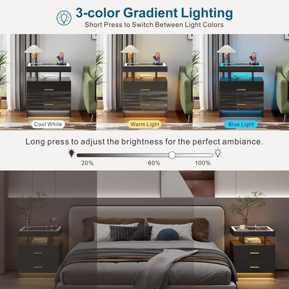 LED Nightstand with Wireless Charging Station - Modern Night Stand with Lights, Glass Top Bedside Table with Drawers for Bedroom, Glossy End Table with Human Body Induction (Black)