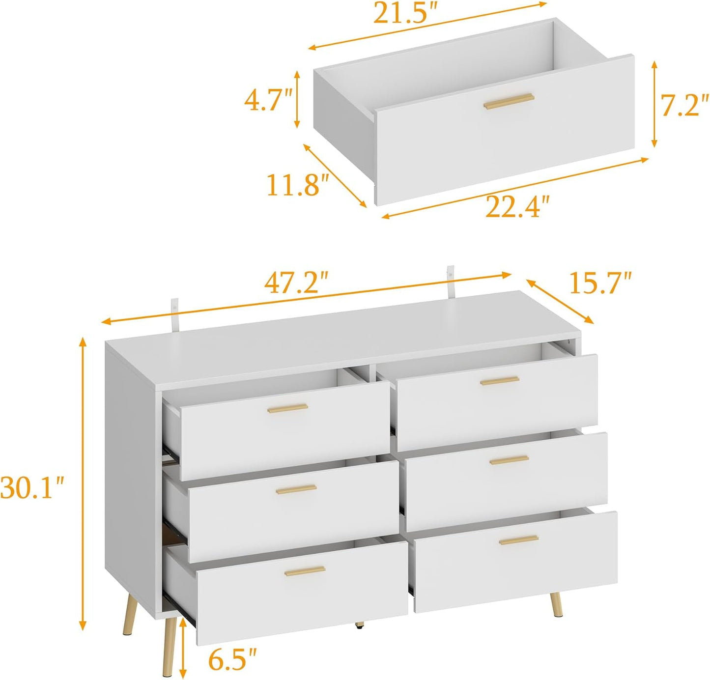 6 Drawer White Dresser, 47.2” Double Dresser with Gold Metal Handles and Legs, Modern Chest of Drawers Wood Storage Cabinet for Bedroom Living Room, 47.2”W X 15.7”D X 30.1”H