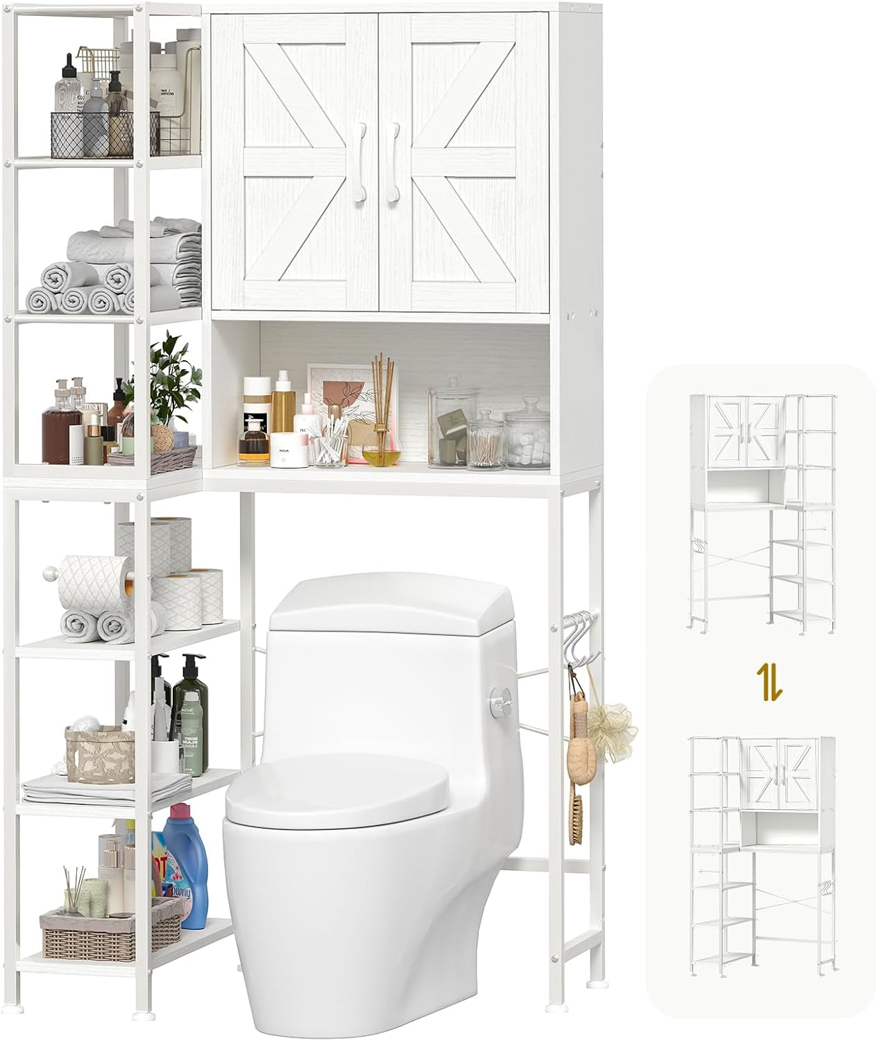 over the Toilet Storage Cabinet with Doors, 7 Tier over Toilet Bathroom Organizer with Adjustable Shelf, Freestanding Space Saver Toilet Rack with Paper Holder for Restroom, Laundry, White