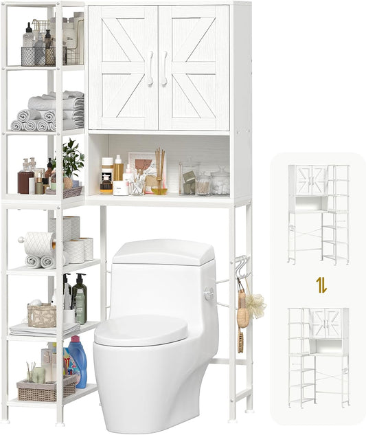 over the Toilet Storage Cabinet with Doors, 7 Tier over Toilet Bathroom Organizer with Adjustable Shelf, Freestanding Space Saver Toilet Rack with Paper Holder for Restroom, Laundry, White