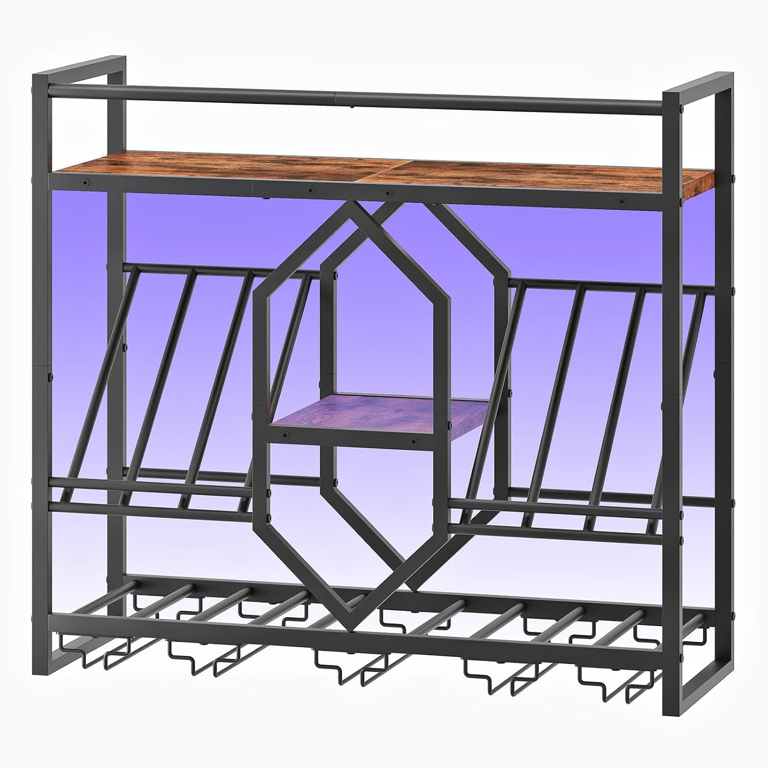 Wall Mounted Wine Rack with LED Light, 31.5" Wine Shelf, 3 Tier Wine Bottle Display Shelf with Glass Holder, Hanging Bar Liquor Storage Rack, for Kitchen, Bar, Rustic Brown and Black BF73DBJ01