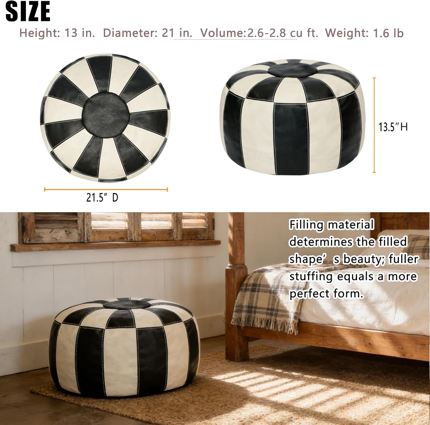 Unstuffed Moroccan Ottoman Pouf Cover, Ottoman Footstool Storage Solution, Bean Bag Chair, Foot Rest, Multi-Black&White